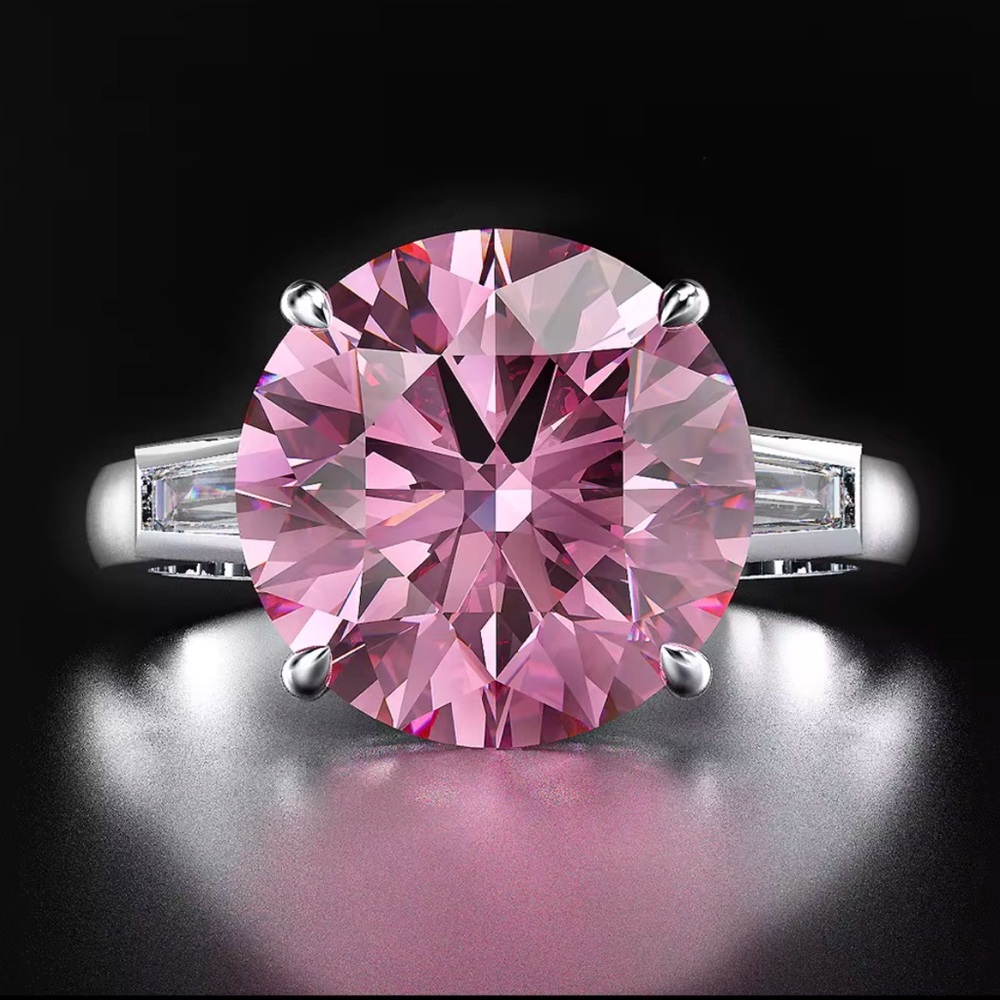 S925 Sterling Silver Pink Chunky Cubic Zirconia Classic Ring Simple Design